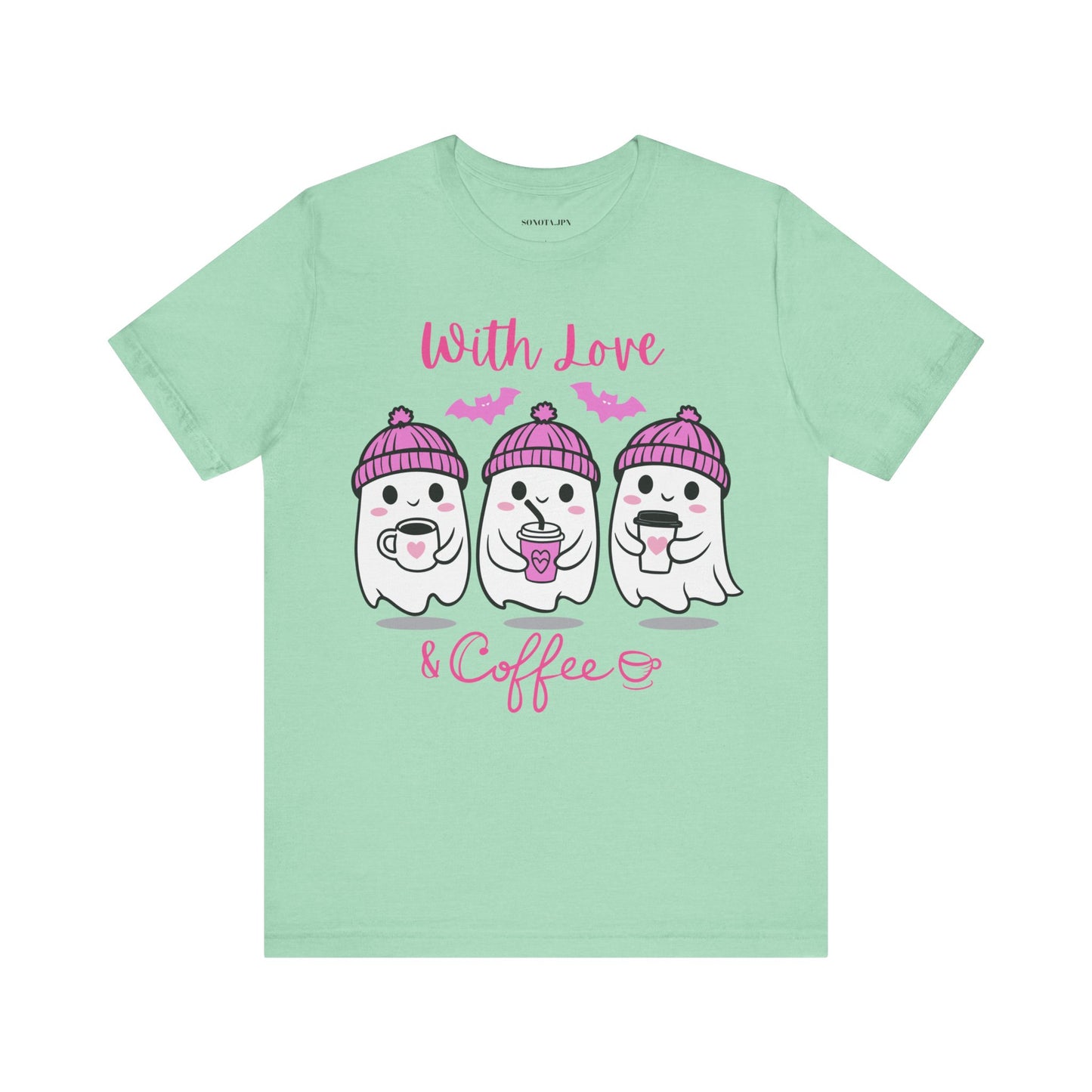 Cute Ghost with Love & Coffee Unisex Tee, Cute Coffee Ghost Shirt, Coffee Lover Gift, Funny Valentine Shirt, Coffee Ghost Shirt