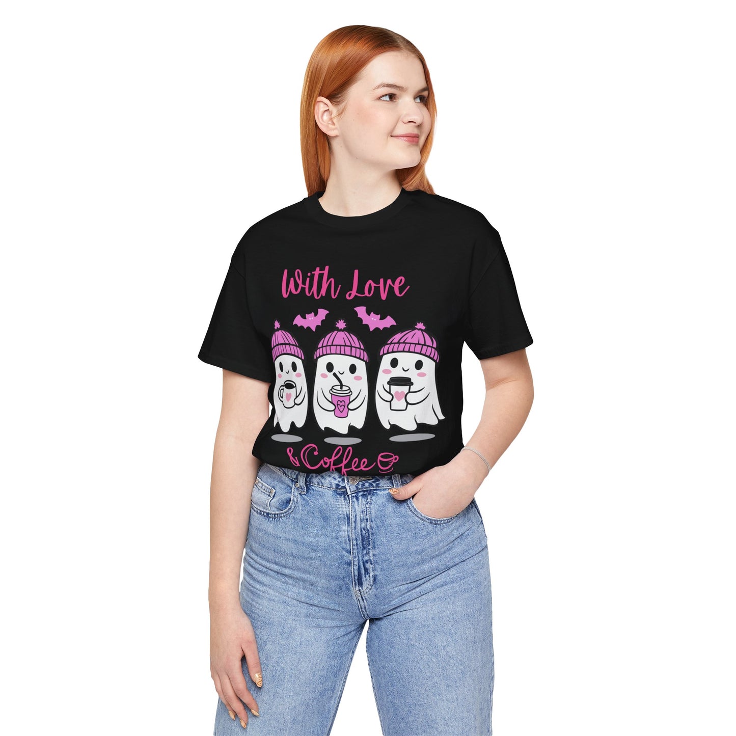 Cute Ghost with Love & Coffee Unisex Tee, Cute Coffee Ghost Shirt, Coffee Lover Gift, Funny Valentine Shirt, Coffee Ghost Shirt