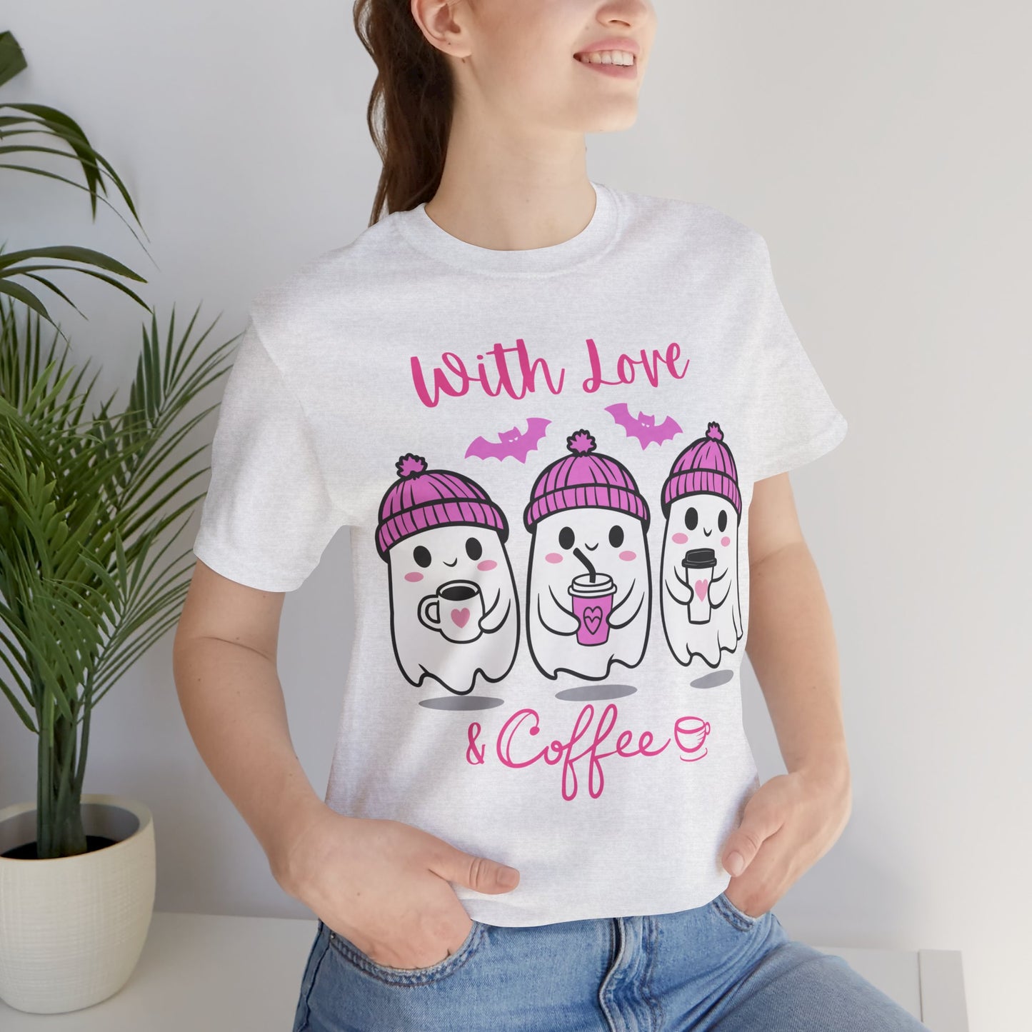 Cute Ghost with Love & Coffee Unisex Tee, Cute Coffee Ghost Shirt, Coffee Lover Gift, Funny Valentine Shirt, Coffee Ghost Shirt