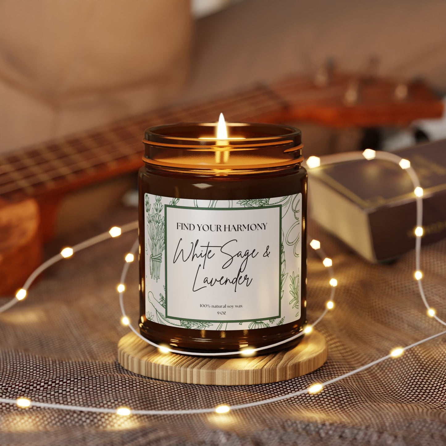 Find Your Harmony White Sage & Lavender Scented Soy Candle - Amber Jar - Relaxation & Wellness Gift