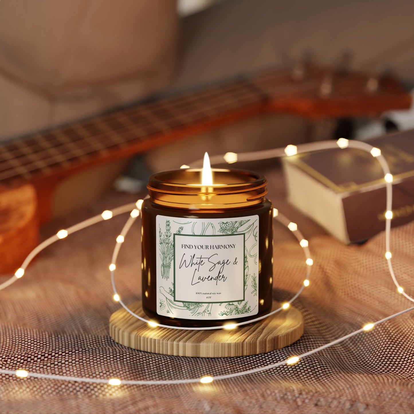 Find Your Harmony White Sage & Lavender Scented Soy Candle - Amber Jar - Relaxation & Wellness Gift