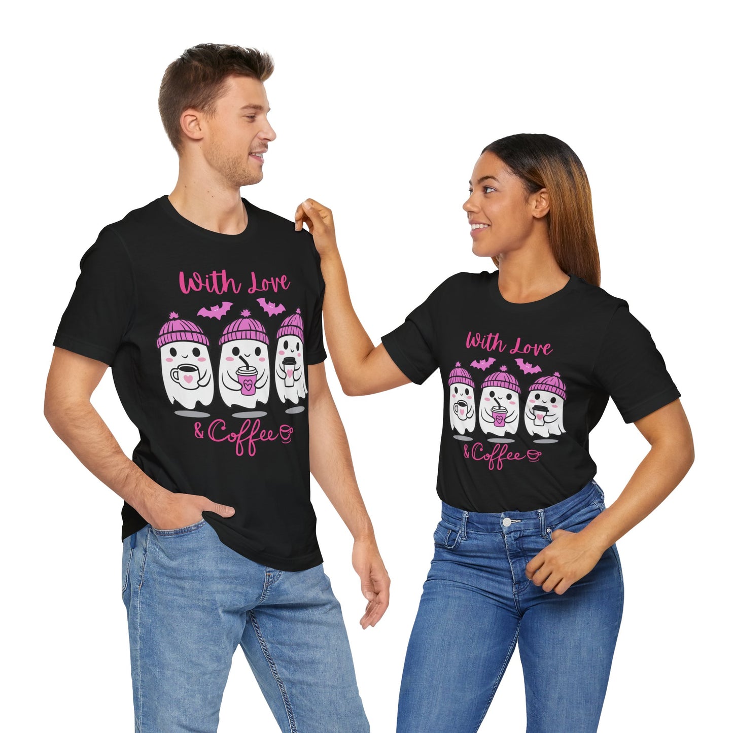 Cute Ghost with Love & Coffee Unisex Tee, Cute Coffee Ghost Shirt, Coffee Lover Gift, Funny Valentine Shirt, Coffee Ghost Shirt