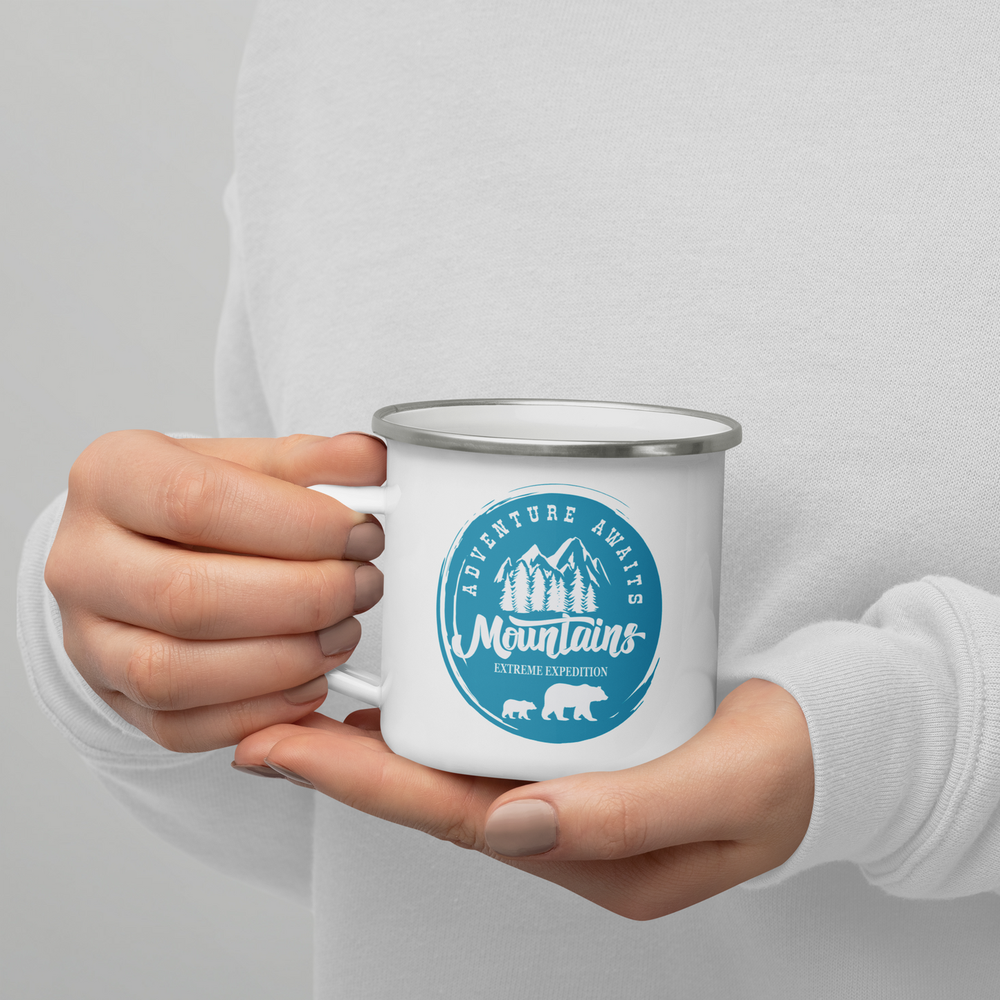 Enamel Camper Mug "Mountains Are Calling and Adventure Awaits" with Bear Family and Mountain Graphic, Perfect for Camping & Hiking