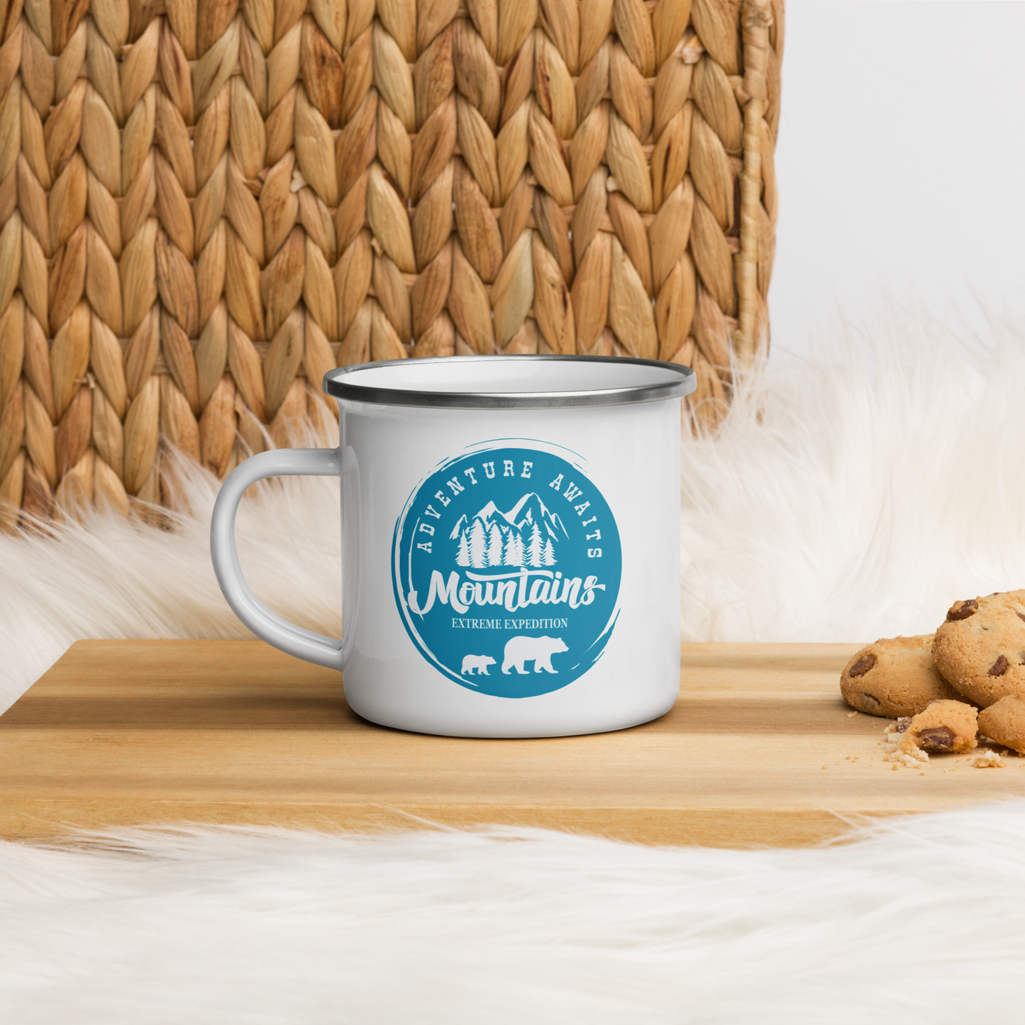 Enamel Camper Mug "Mountains Are Calling and Adventure Awaits" with Bear Family and Mountain Graphic, Perfect for Camping & Hiking