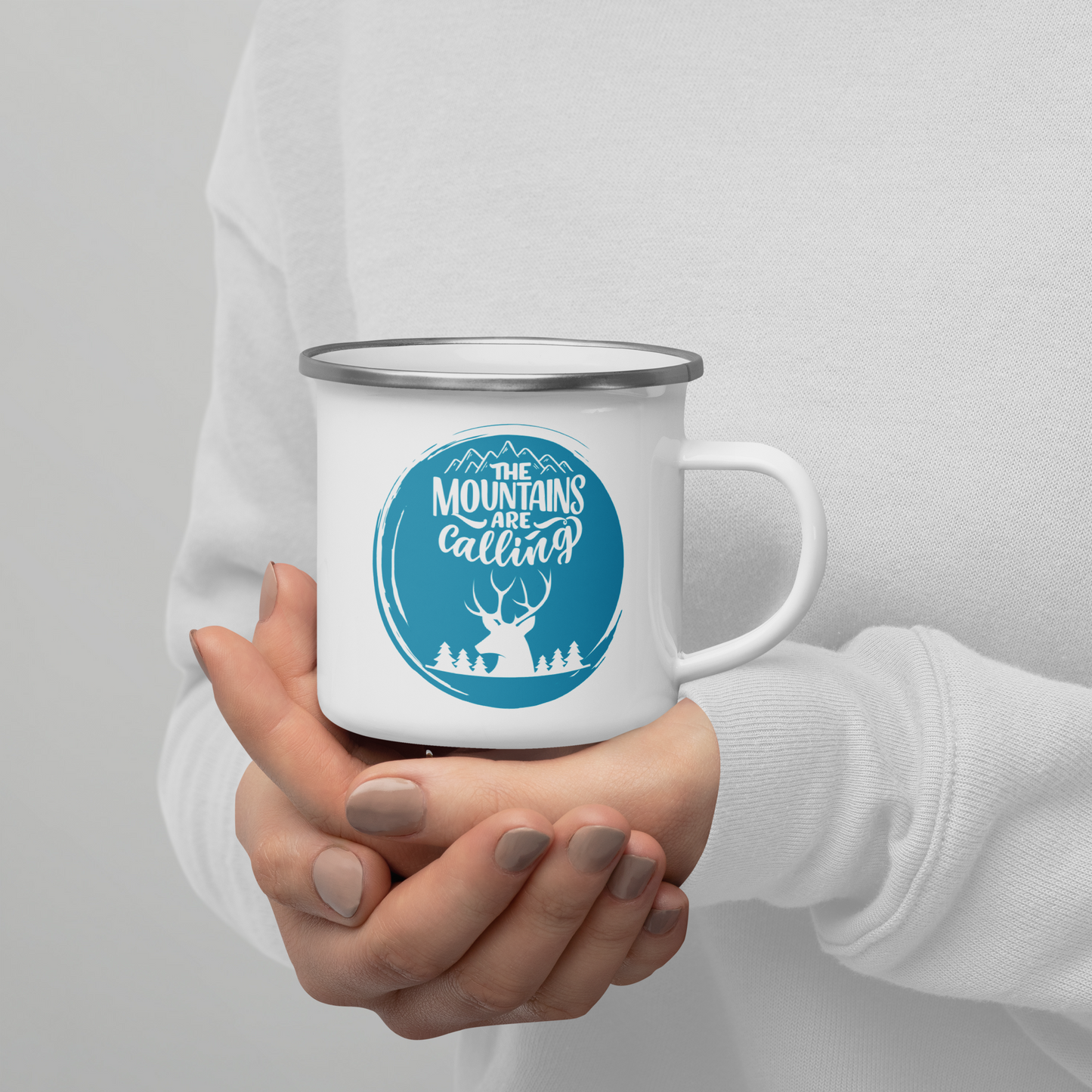 Enamel Camper Mug "Mountains Are Calling and Adventure Awaits" with Bear Family and Mountain Graphic, Perfect for Camping & Hiking