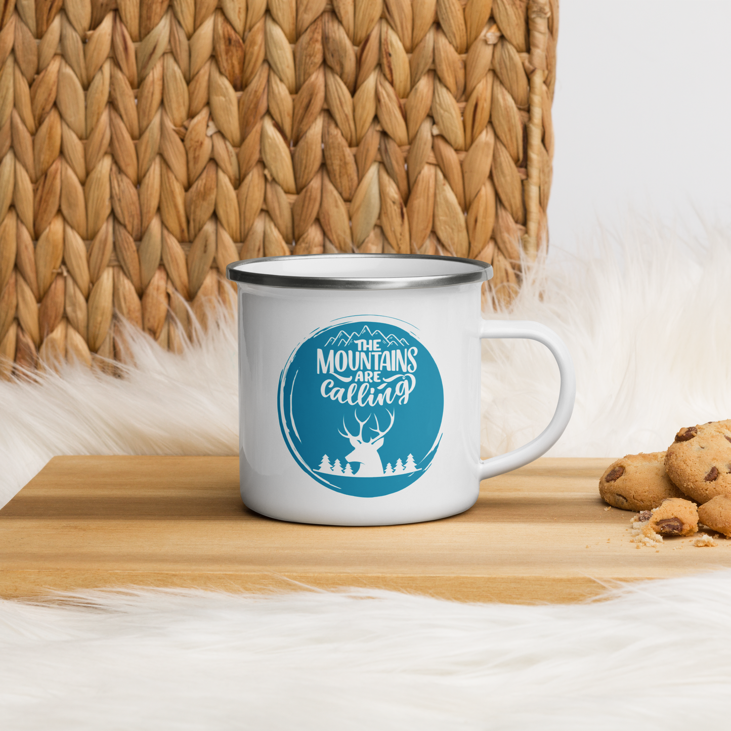 Enamel Camper Mug "Mountains Are Calling and Adventure Awaits" with Bear Family and Mountain Graphic, Perfect for Camping & Hiking