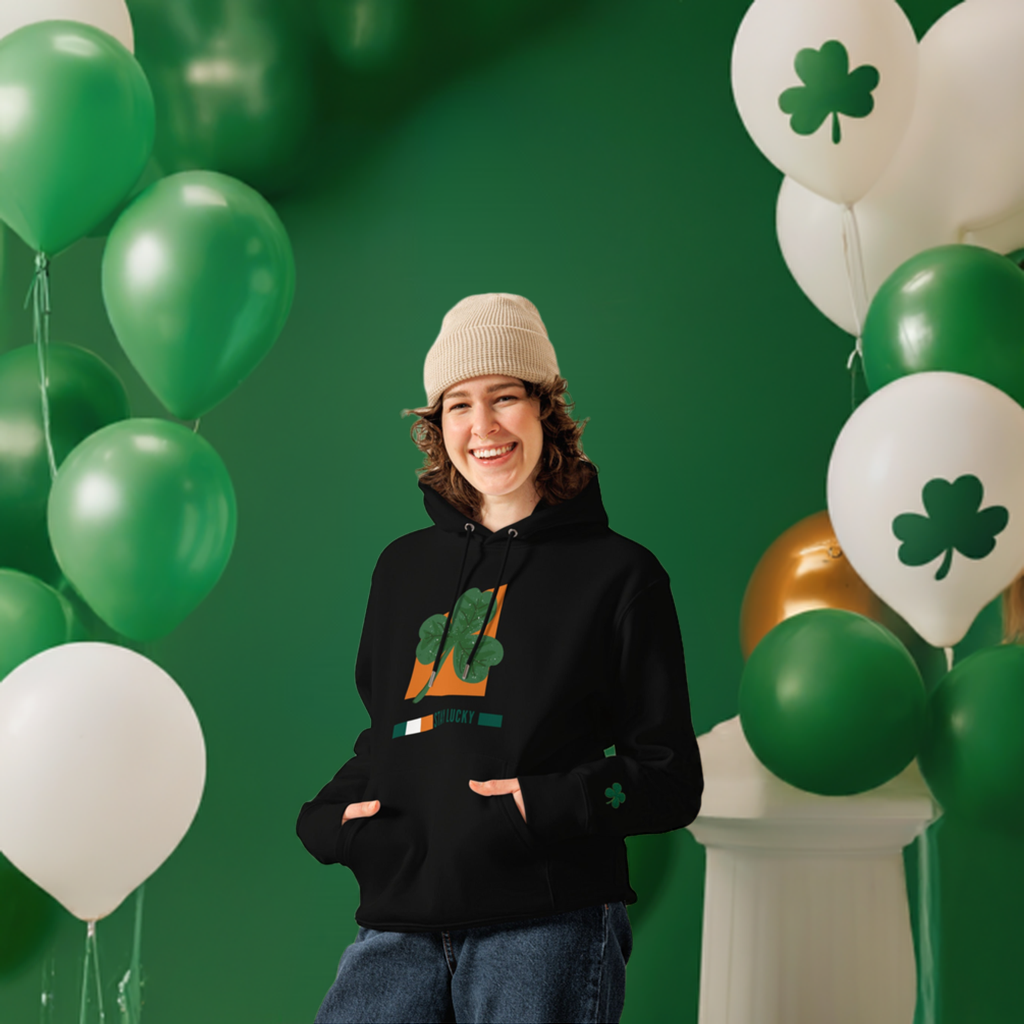 St. Patrick's Day Unisex essential eco hoodie, with the lucky charm  embroidered clover