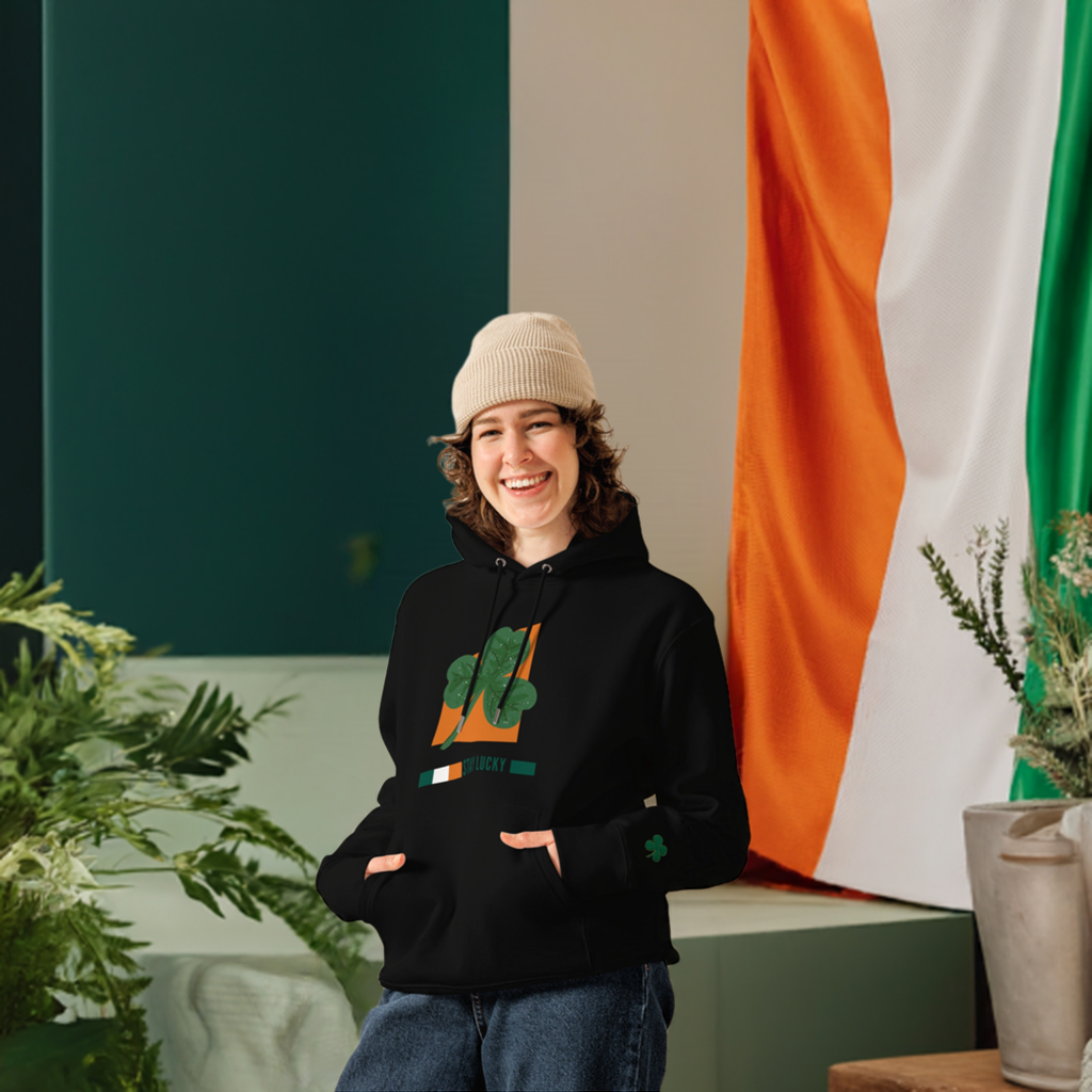 St. Patrick's Day Unisex essential eco hoodie, with the lucky charm  embroidered clover