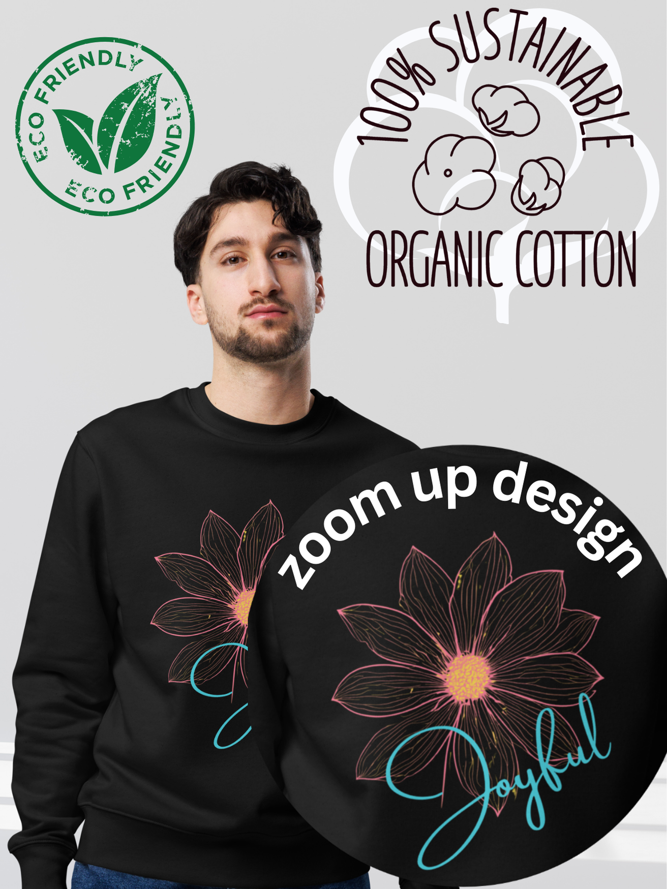 Joyful Unisex Eco Sweatshirt: Bright Pink Sunflower Design for Positivity & Style. Soft Organic Cotton for Ultimate Comfort!