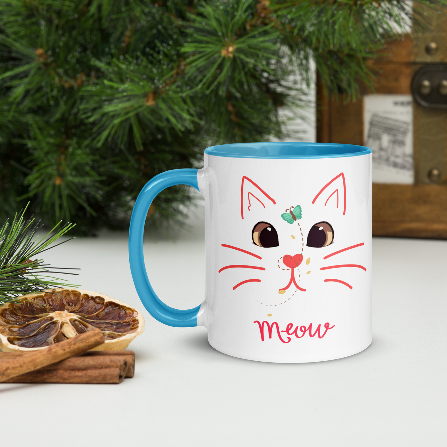 Cute Cat 11 oz Ceramic Mug with Color Inside, BPA free and safe with dishwasher and microwave