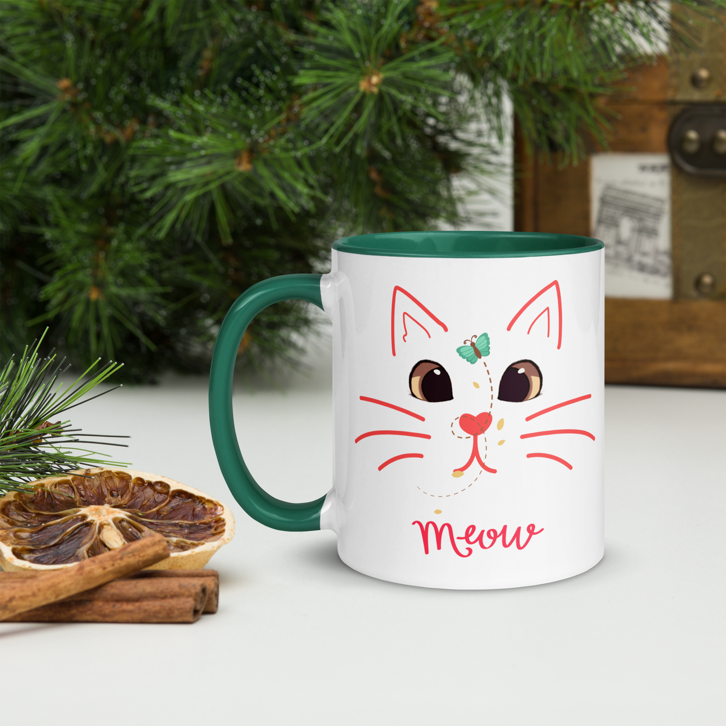 Cute Cat 11 oz Ceramic Mug with Color Inside, BPA free and safe with dishwasher and microwave