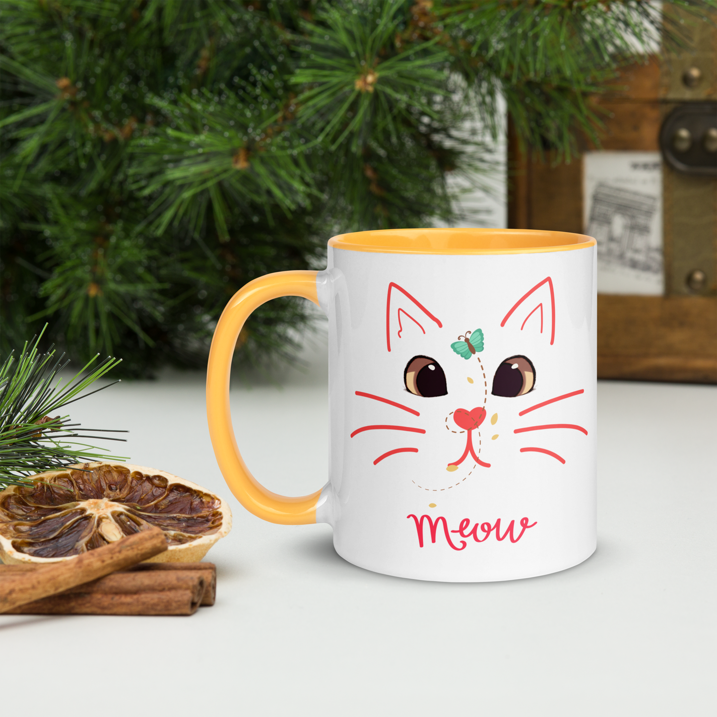 Cute Cat 11 oz Ceramic Mug with Color Inside, BPA free and safe with dishwasher and microwave