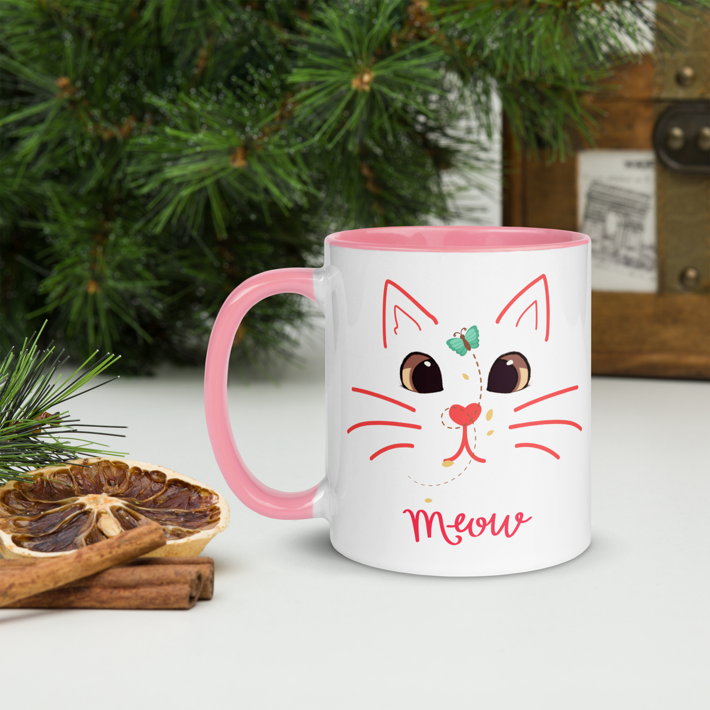 Cute Cat 11 oz Ceramic Mug with Color Inside, BPA free and safe with dishwasher and microwave